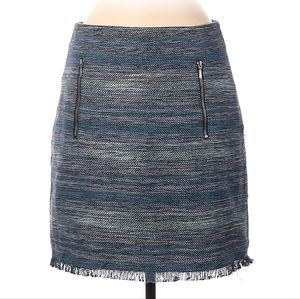Ann Taylor Loft Blue Tweed Zippered Skirt Fringe Hem - Size 8